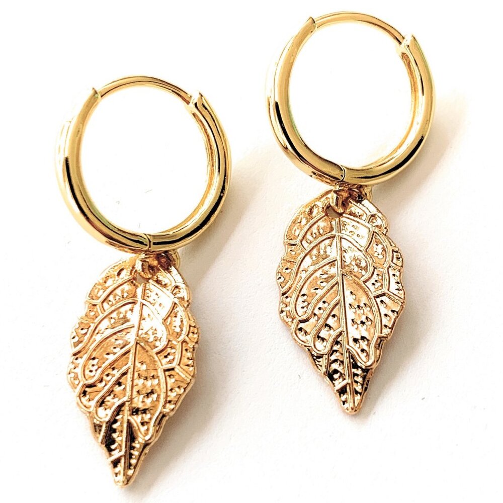 Gold Leaf Hoop Earrings 14K Gold Filled Hoops Handmade in USA